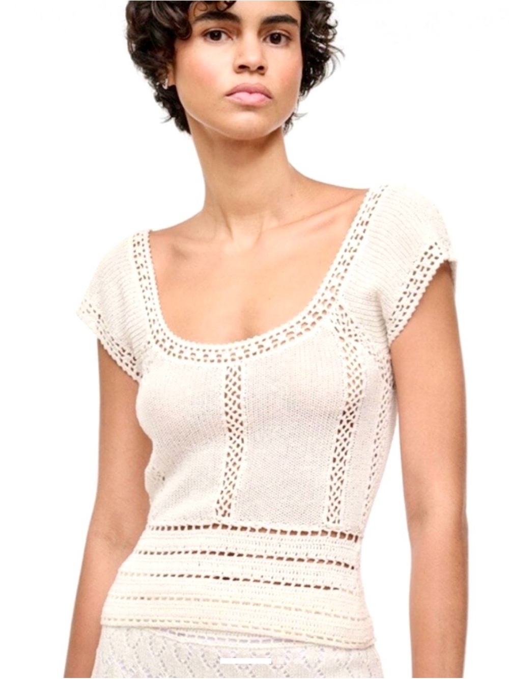 STAUD Sz S Yara Ivory Crochet-Knit Crop Top Scoop-Neck